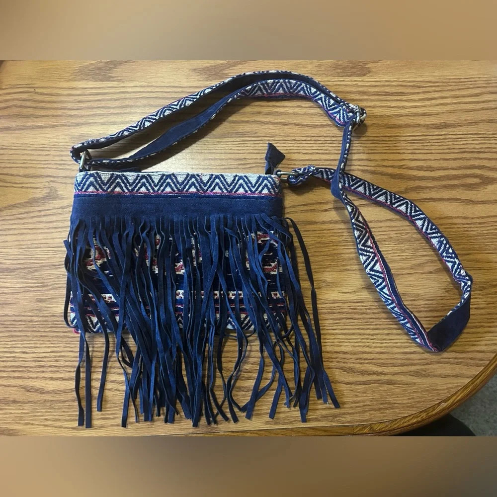Raj Vegan Leather Navy Fringe Purse Crossbody Boho Western Woven Embroidered Bag